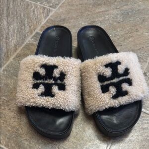 Tory Burch Cream and Black Fuzzy Slides